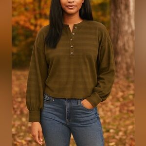 Banana Republic Olive Balloon Sleeve Henley Blouse